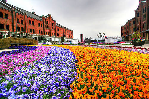 The deep red brick facades and arched windows of the historic Meiji-era customs warehouses