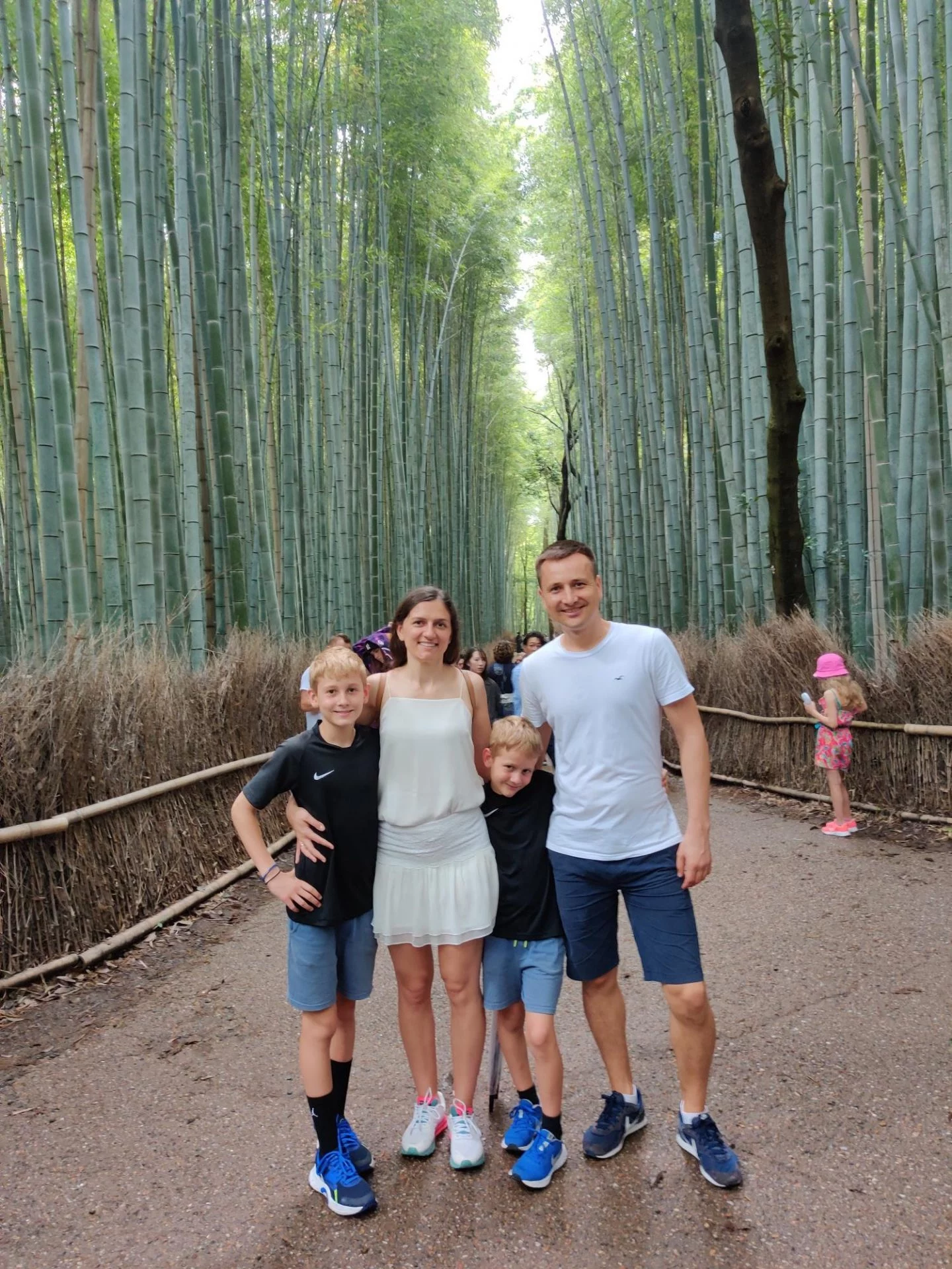 Towering bamboo stalks lining the path through the Arashiyama bamboo grove in Kyoto