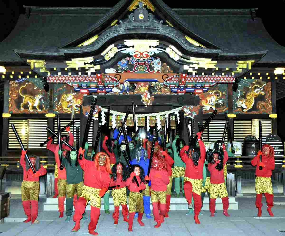 Ornate carved wooden panels and festival decorations at Chichibu Shrine in Saitama, Japan