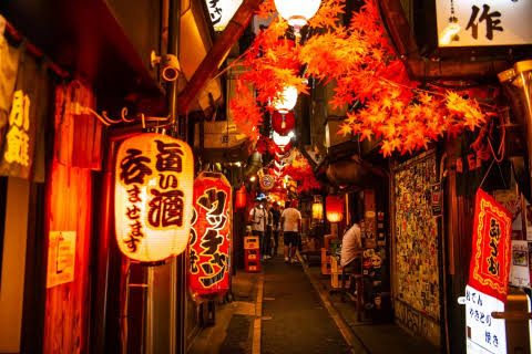 Narrow lantern-lit alleyways of tiny bars in Shinjuku's historic Golden Gai district