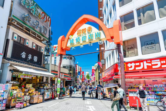 Hip young shoppers looking through retro clothing stores and indie vinyl record shops inside the lively vintage Koenji Pal shotengai street
