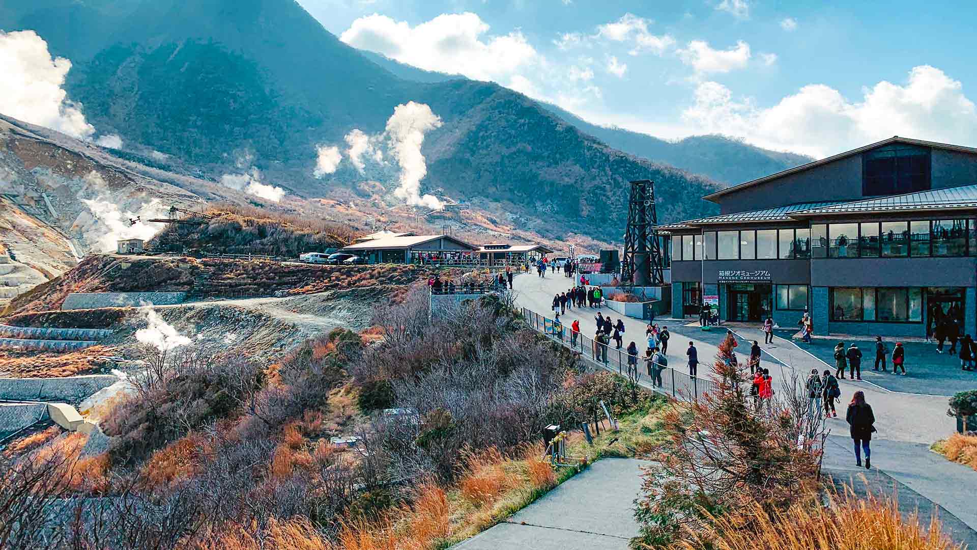 Sulphurous steam rising from the volcanic valley of Owakudani in Hakone