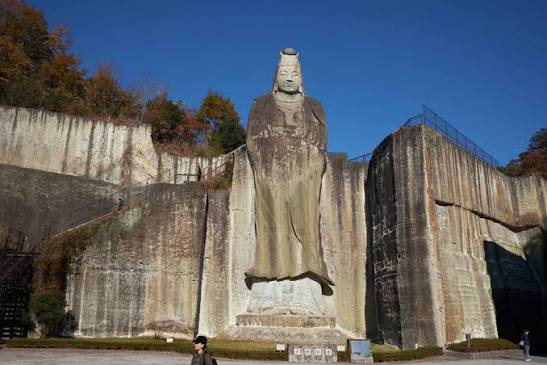 Buddhist statues carved directly into the cliff face at Oya-ji Temple in Utsunomiya