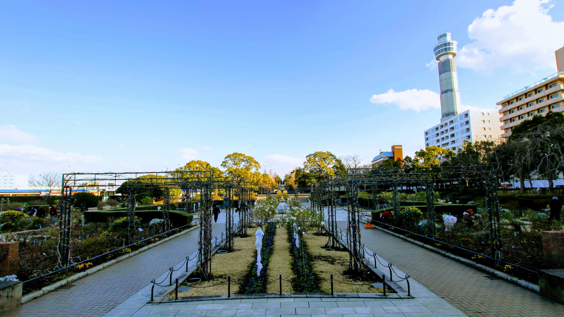 Strolling through Yamashita Park with the Marine Tower rising in the background